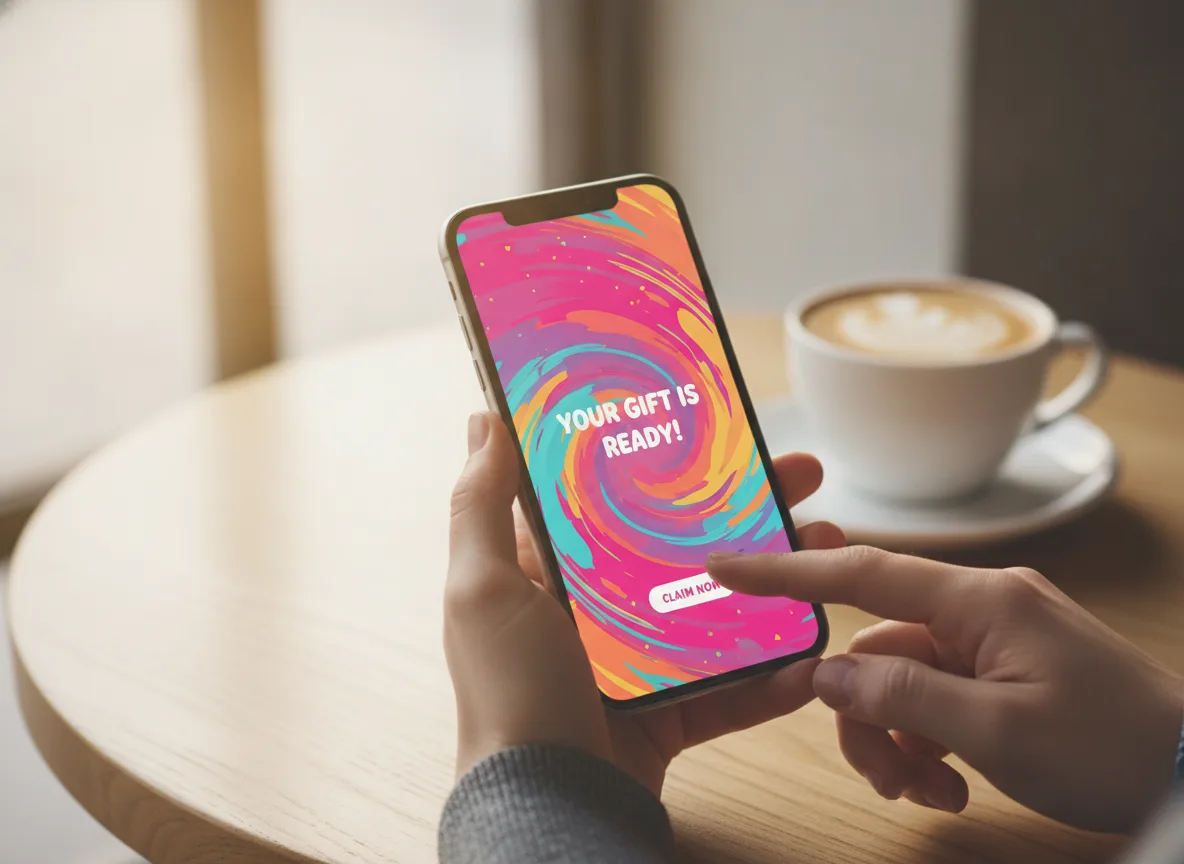 Hände halten ein Smartphone mit Bestätigungsbildschirm für den Empfang einer digitalen Geschenkkarte