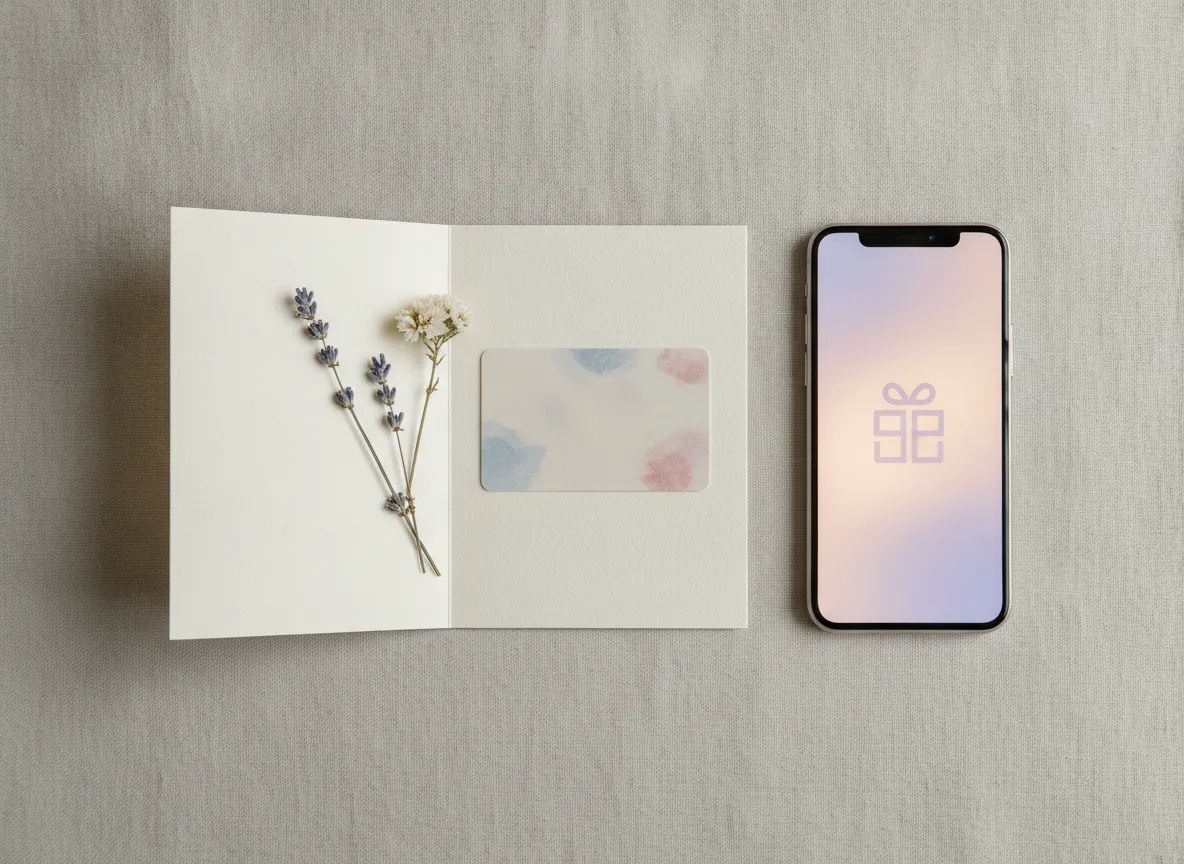Physische Geschenkkarte in einer Grußkarte neben einem Smartphone, das eine E-Geschenkkarte anzeigt