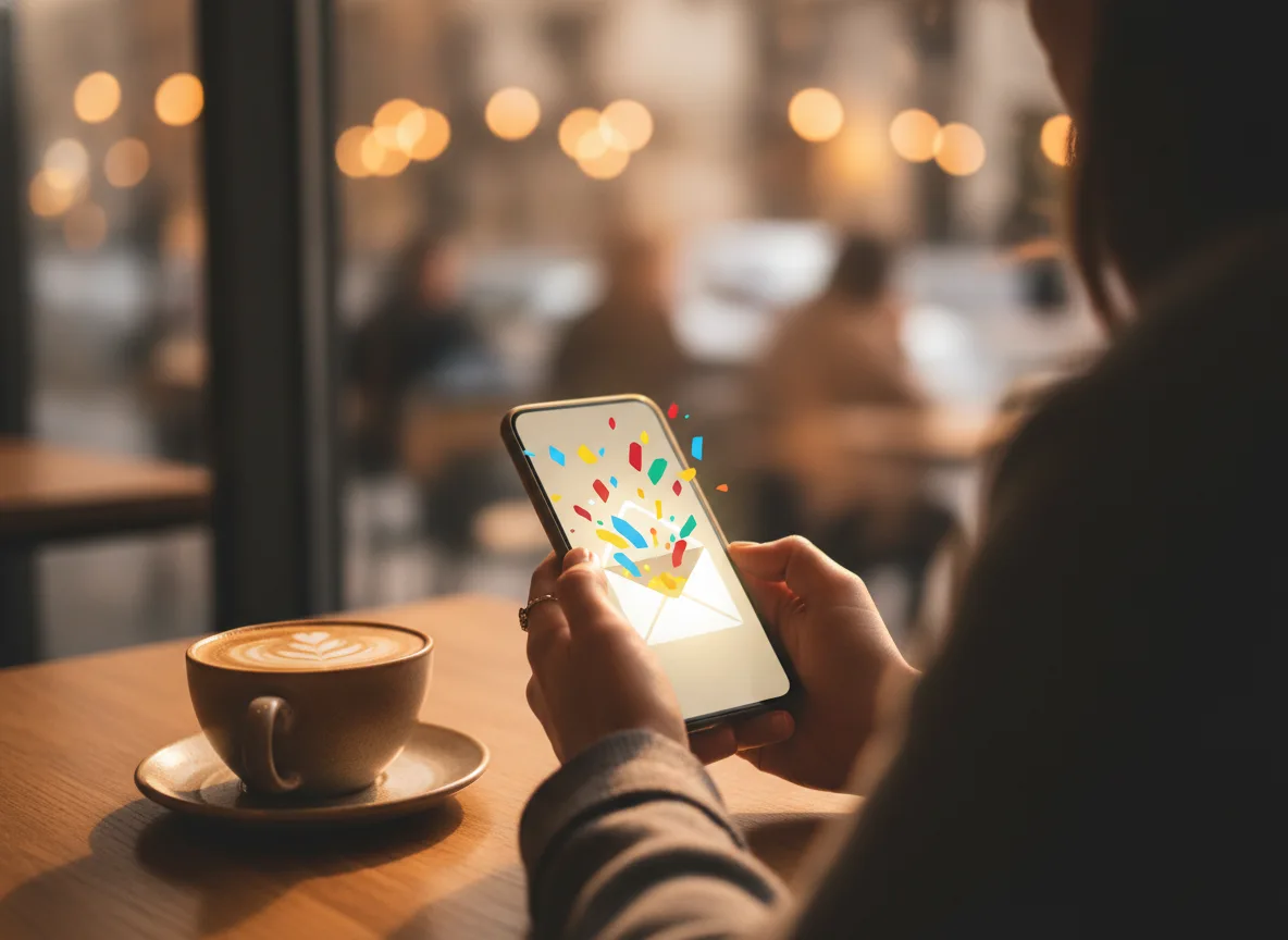 Hände halten ein Smartphone, das eine leuchtende digitale Geschenkpräsentation zeigt